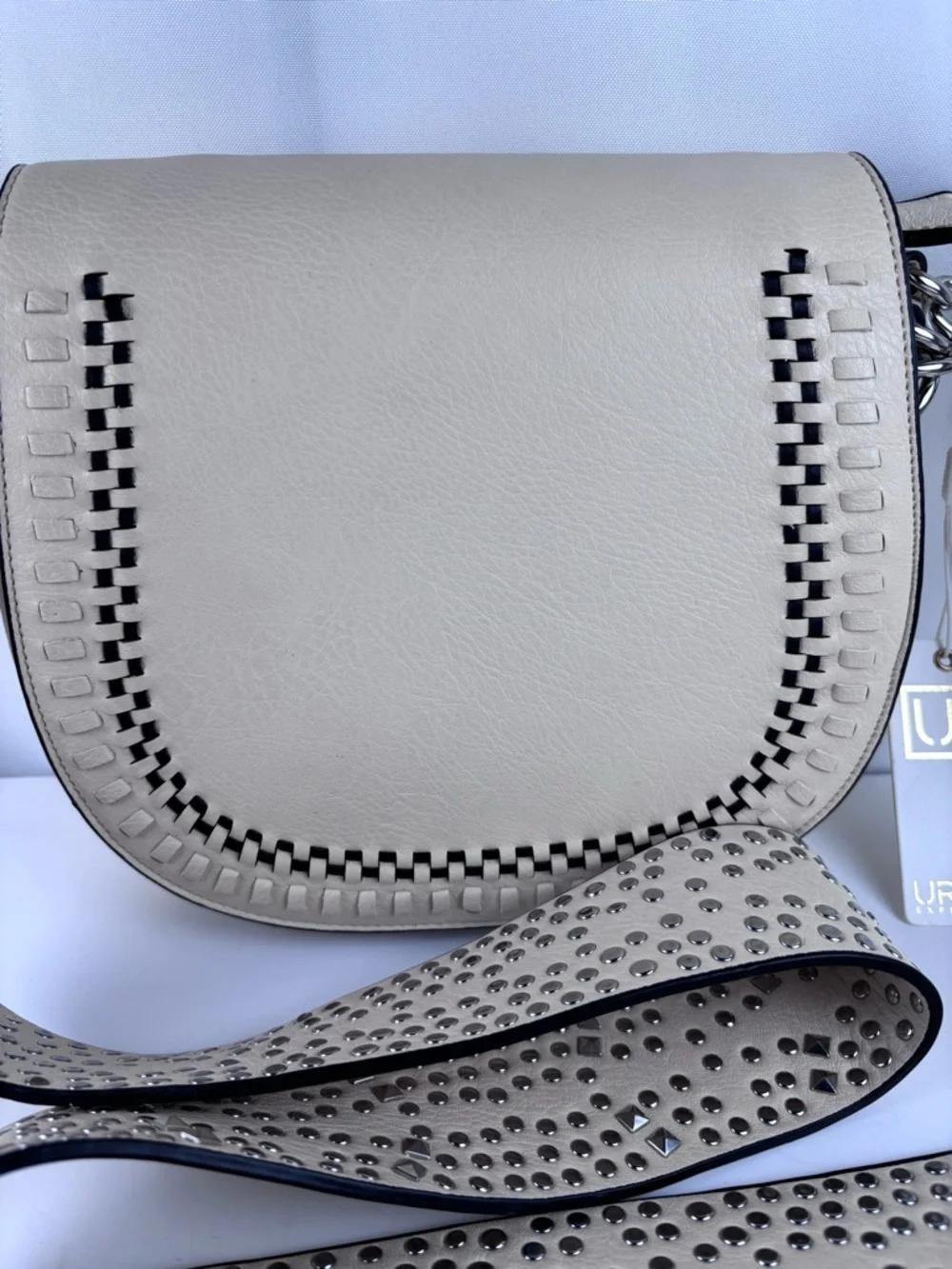 Urban Expressions Vegan Leather Saddle Bag - Studded Crossbody Strap Cream/Ivory - Picture 2 of 12